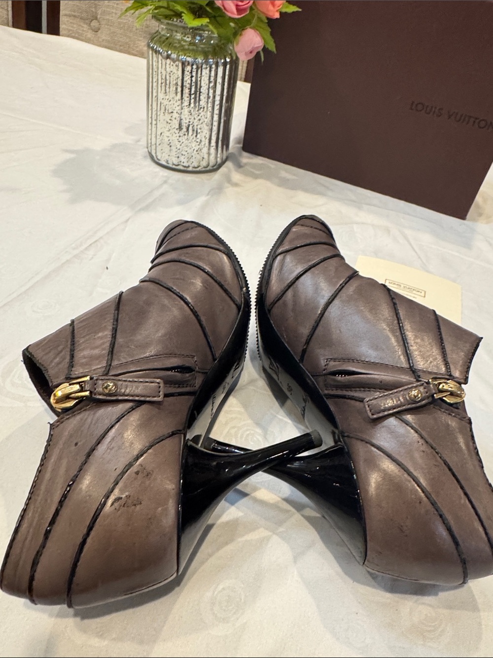 Authr Louis Vuitton Taupe Peep-Toe Leather Ankle Booties with Gold-Tone Buckle - Picture 6 of 15